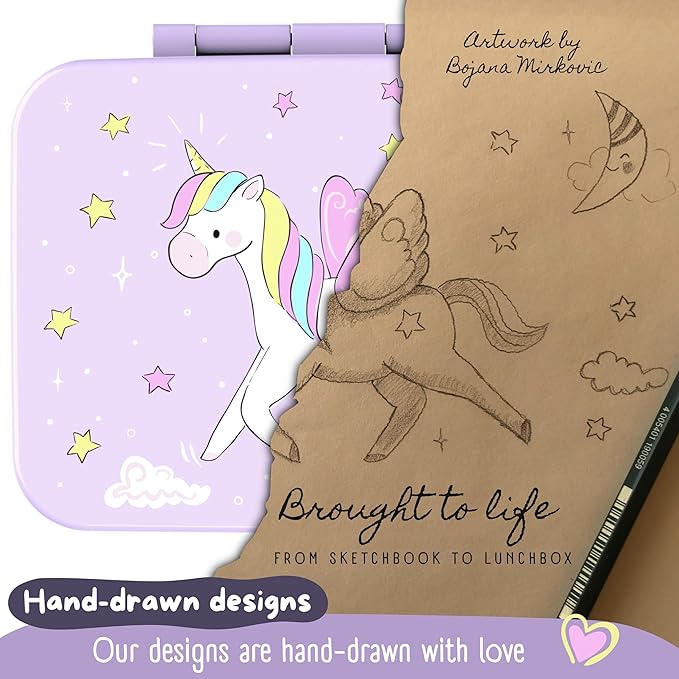 BEARFOOT Kids Lunch Box with Compartments – Compact & Lightweight | Leak-Proof, BPA-Free, Dishwasher Safe | Hand-Drawn Design for Preschool, School, Travel (Unicorn Purple, 4 Cups)