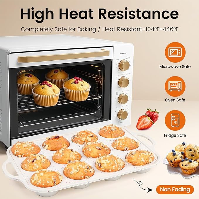 Fimary Silicone Muffin Pan with Metal Reinforced Frame - 12 Cups Muffin Pan With 24 Cups for Homemade Muffins, Cupcakes, Oven and Dishwasher Safe - Set of 2, Rainbow Dots