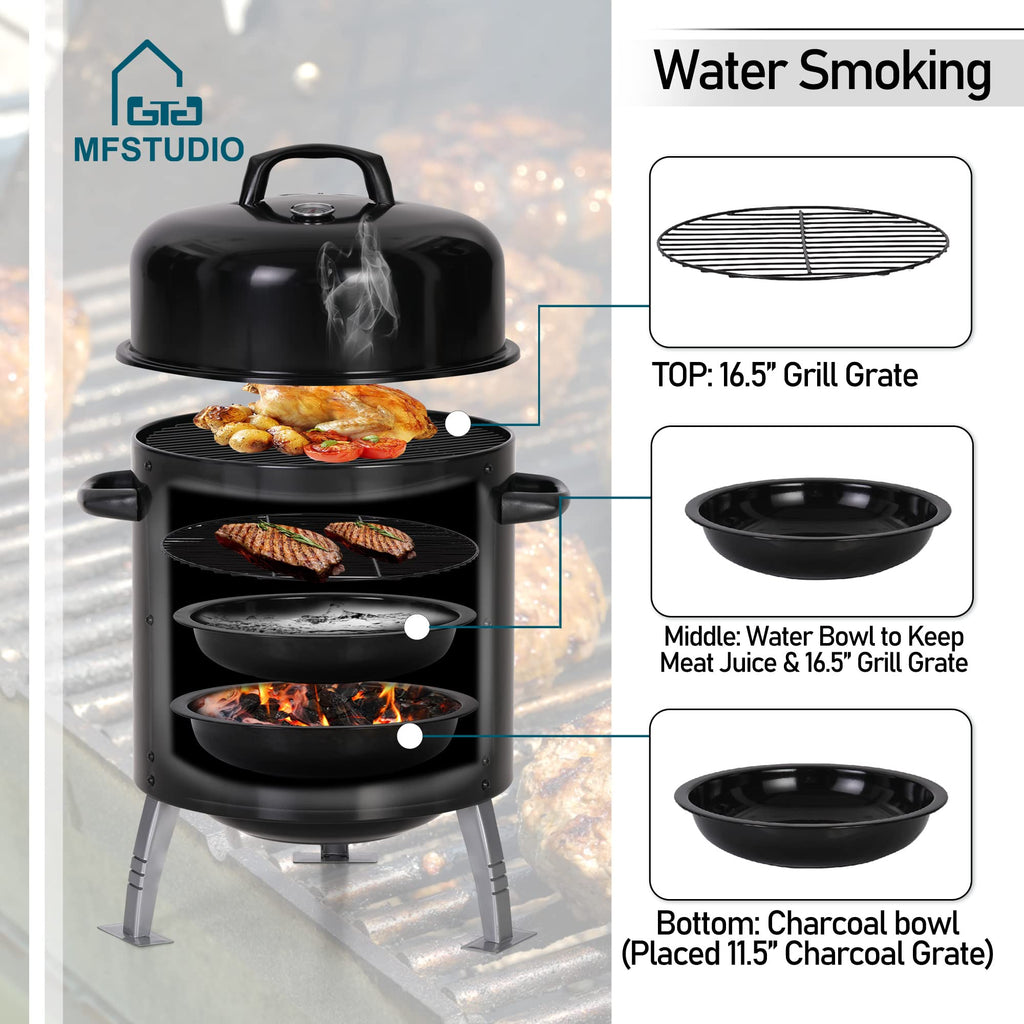 MFSTUDIO 17" Vertical Smoker Charcoal Wood Chunks with Thermometer, Black