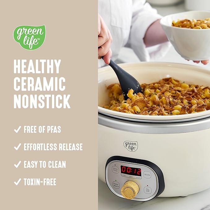GreenLife 8QT Ceramic Nonstick Slow Cooker, Cooktop/Oven Safe, Cream