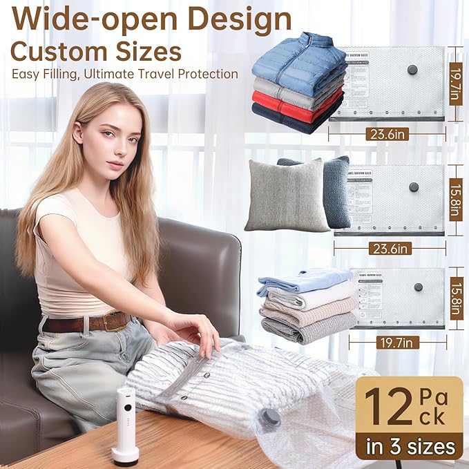 Vacuum Bags for Travel with Wireless Rechargeable Pump, 12 Pack Carry-on Size Compression Packing Seal Bags for Luggage and Suitcase, Space Saver Vacuum Storage Bags for Clothes and Clothing Travel