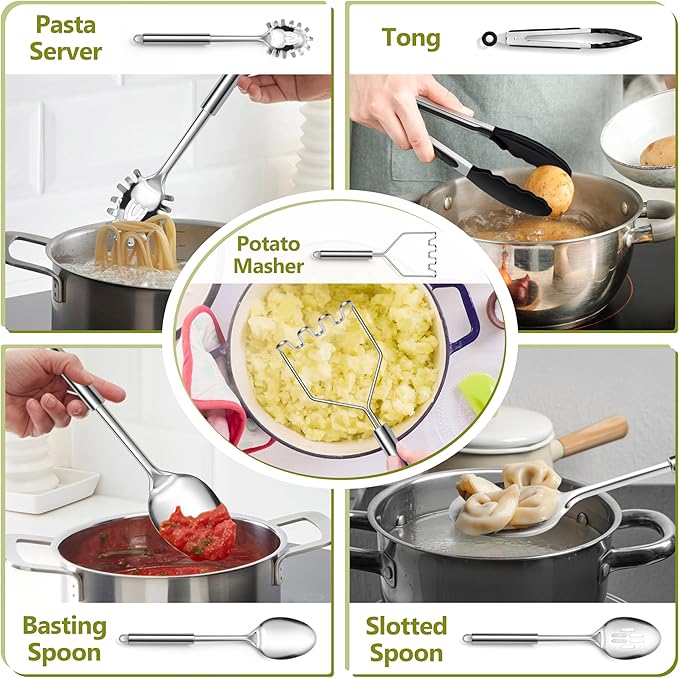 E-far Stainless Steel Kitchen Cooking Utensils Set, 10-Piece with Holder