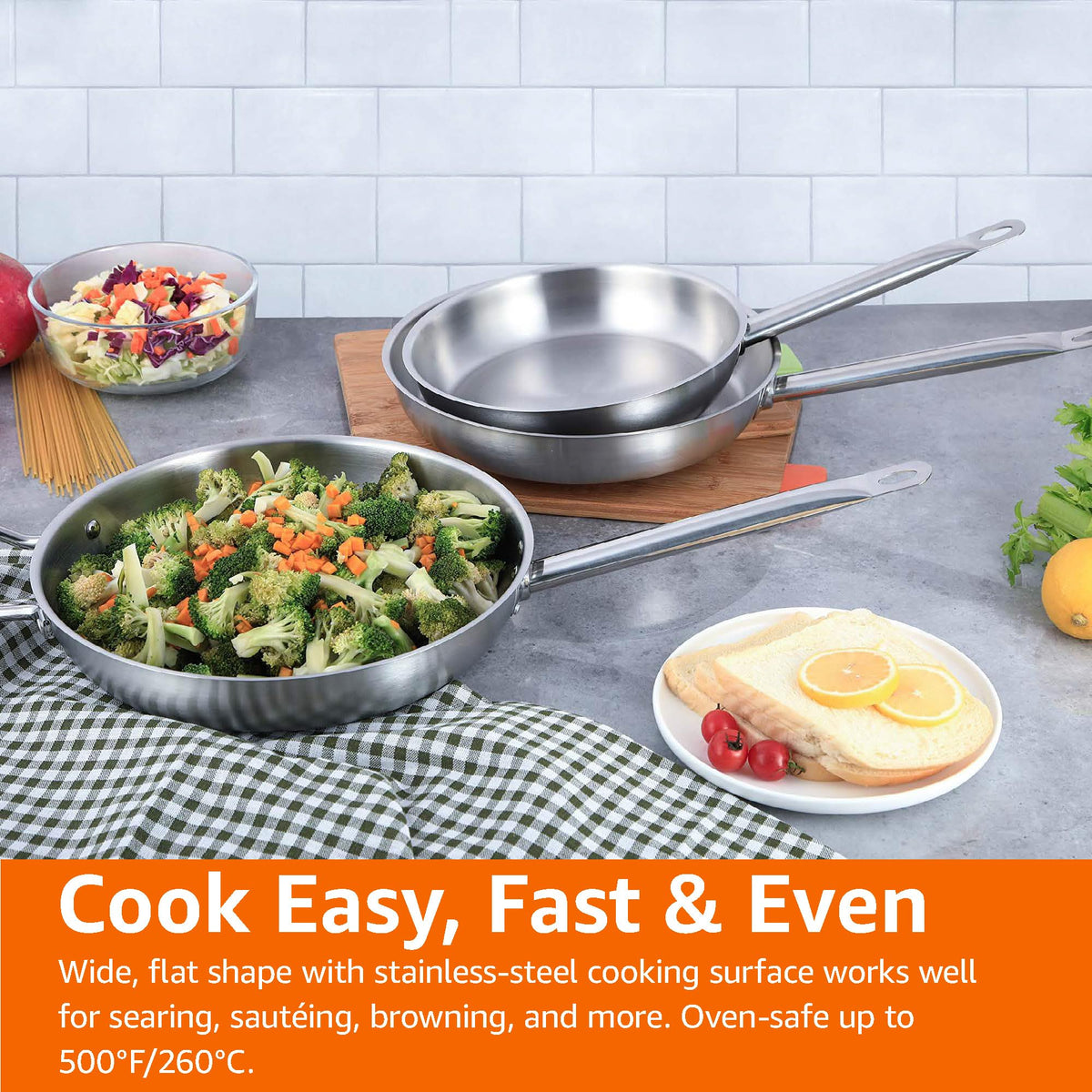 Amazon Basics 3-Piece Stainless Steel Aluminum-Clad Fry Pan Set, Dishwasher Safe, Induction Compatible, Oven Safe to 500°F, 8", 9 1/2", and 12"