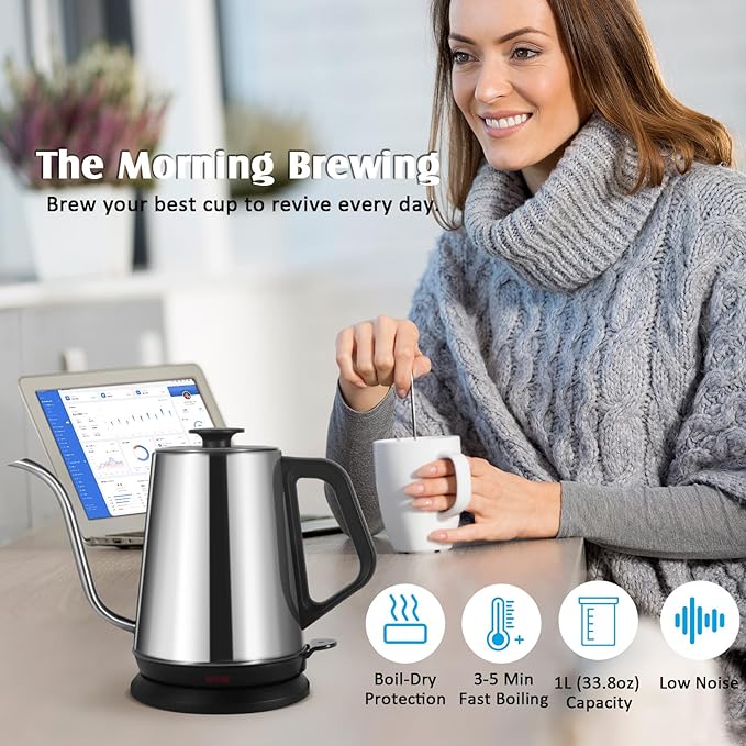 1L Electric Gooseneck Kettle, Tea Kettle for Boiling Water, Gooseneck Electric Kettle for Coffee & Tea, Fast Boiling for Pour Over, Auto Shut-Off, Boil-Dry Protection, 360° Rotational Base - Silver