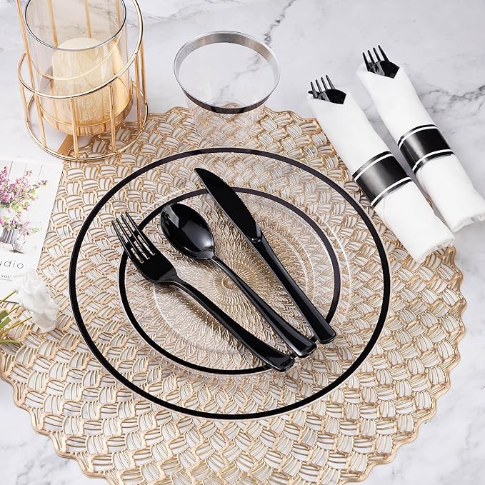 Goodluck 175 Pcs Clear Black Party Plates Cups Napkins Sets for 25 Guests