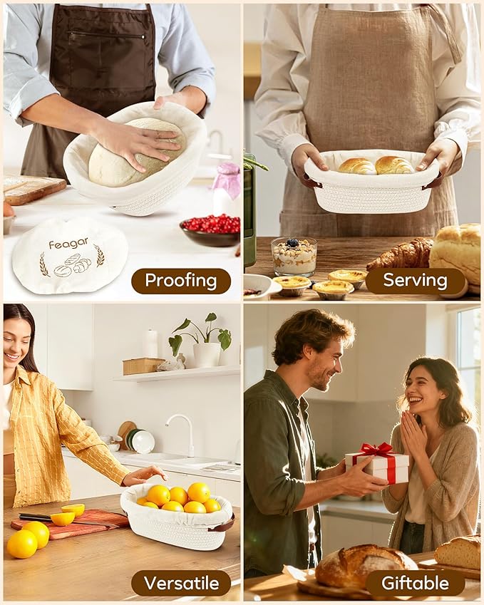 Feagar Bread Proofing Basket Set: XL 11.5” Banneton Holds 1000g Dough, Includes Multi-Purpose Proofing Cloth for Baguettes, Round Loaf & Sourdough Bread Baking Supplies | 2-Pack with Liners & Covers