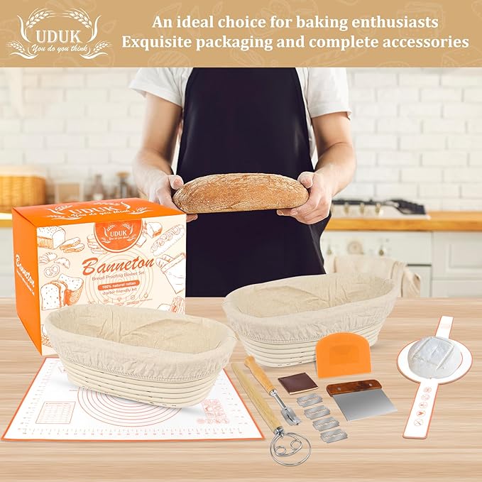UDUK Sourdough Baking Kit, 2 Oval Banneton Proofing Basket Set