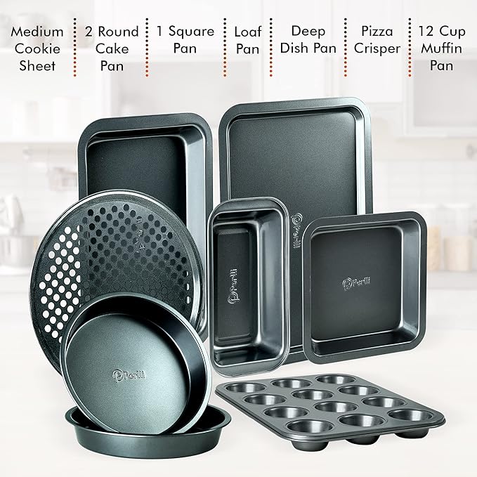 PERLLI Non-Stick 8-Piece Bakeware Set – Carbon Steel with Even Heat Distribution, Oven Safe to 446°F, BPA-Free, Dishwasher Safe, Stackable Baking Tools for Easy Storage and Everyday Cooking - Gray
