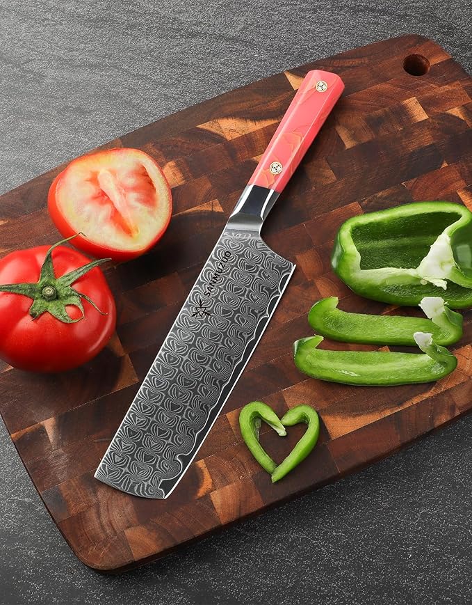 SANMUZUO Kitchen Nakiri Knife 7 Inch, Professional Kitchen Chef Knife, Ultra Sharp Damascus Powder Steel with Full-tang Resin Handle, SHENG Series