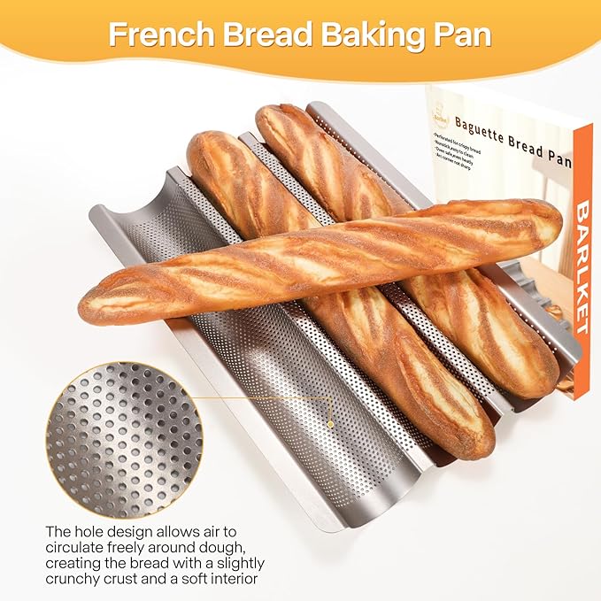 Barlket Baguette Bread Pan, Nonstick French Bread Baking Pan 3 Loaf, Golden