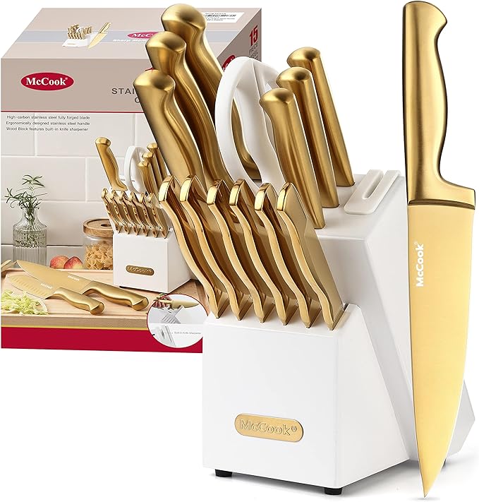 McCook Knife Set Gold Kitchen Knife Block Set w Built-in Sharpener