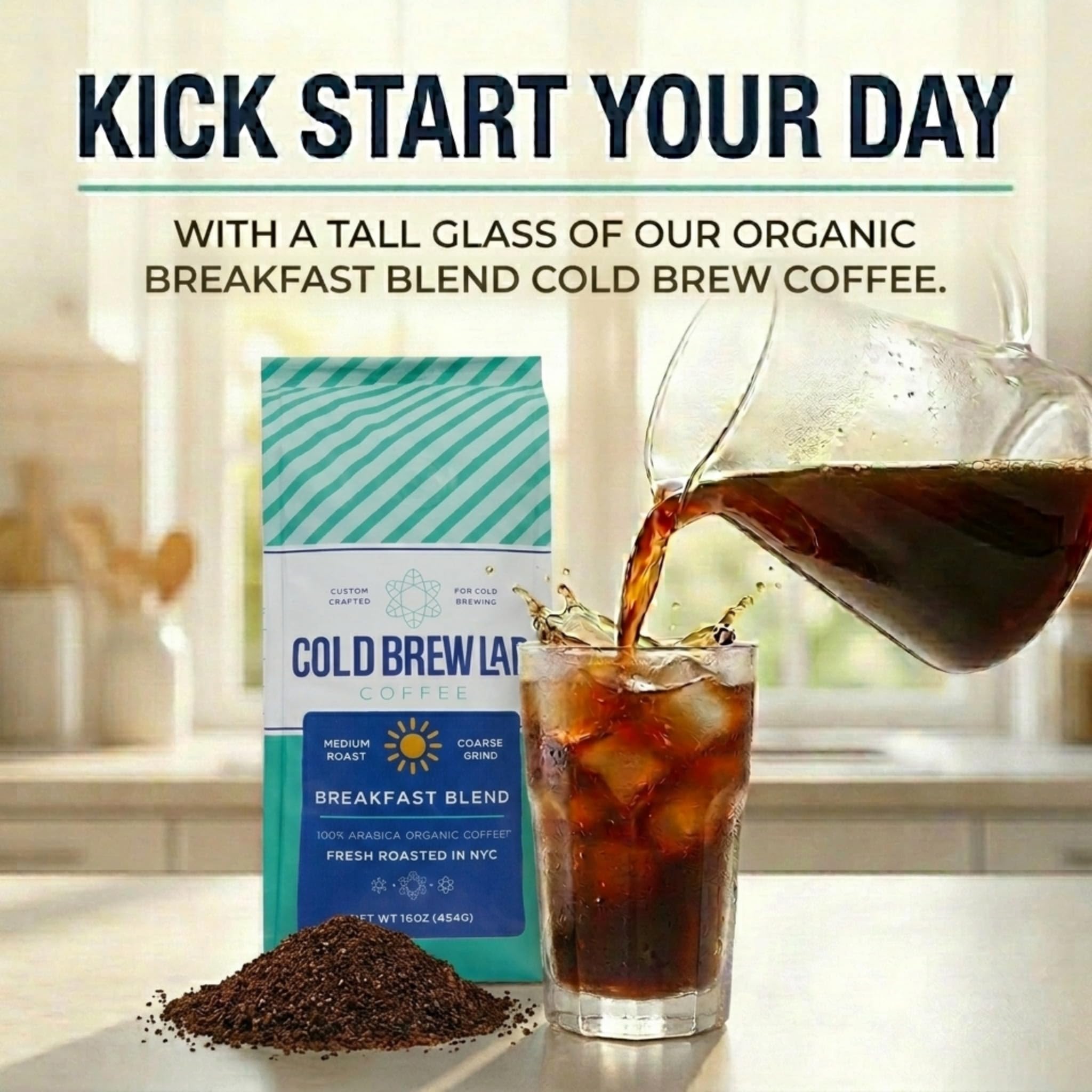Cold Brew Organic Breakfast Blend Coffee, Coarse Ground, Medium Roast, 1 LB, for Cold Brewing & French Press