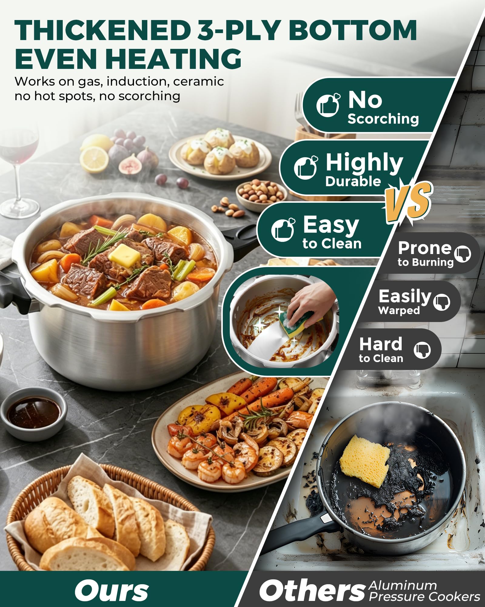 WantJoin Stainless Steel Pressure Cooker(Non-Aluminum),10 Quart Induction Compatible Pressure Cooker with Spring Valve Safeguard Devices,Compatible with Gas & Induction Cooker