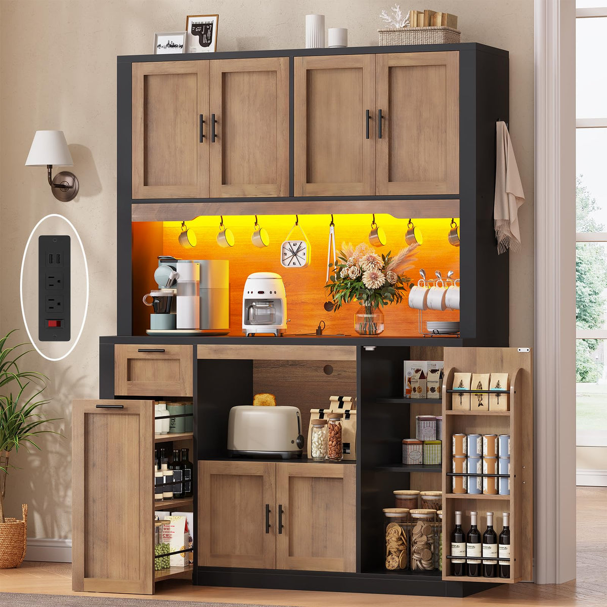 Itaar 71" Pantry Cabinet with Charging Station and LED Light, Kitchen Pantry Cabinet with Microwave Stand, 47.2" Wide Kitchen Storage Cabinets with Storage Cart 3 Tier for Dining Room, Grey