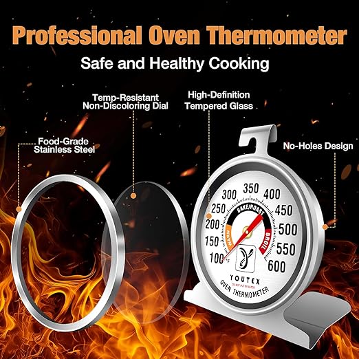 Youtex 2-Pack Oven Thermometer, Upgraded 100-600°F No-Holes Non-Discoloring Easy-to-Clean for Healthier Cooking, Easy-to-Read with Large Bright Numbers for Gas & Electric Ovens, Grills, and Smokers