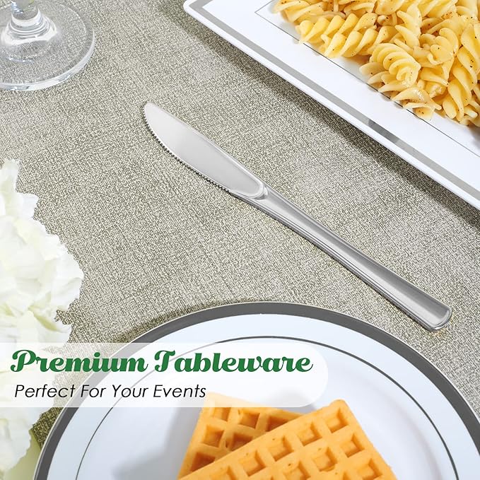 FOCUSLINE 300 Pack Disposable Silver Plastic Knives, Solid and Durable Plastic Cutlery Knives, Heavy Duty Disposable Utensil Silverware for Catering, Parties, Dinners, Weddings