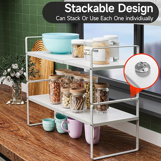 jkxoo 2Pcs Expandable Cabinet Shelf Organizers, 16.5"~27''L, White
