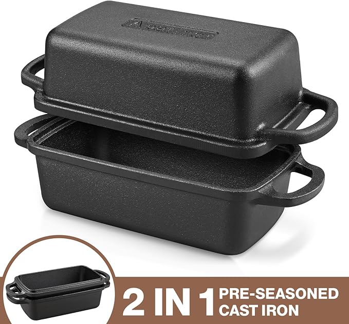 Apatiner 2 in 1 Cast Iron Bread Pan with Lid, Durable Loaf Pans for Baking Homemade Sourdough and Meatloaf, Bread Oven Cast Iron Cookware, Bread Loaf Pan, Sourdough Baking Pan