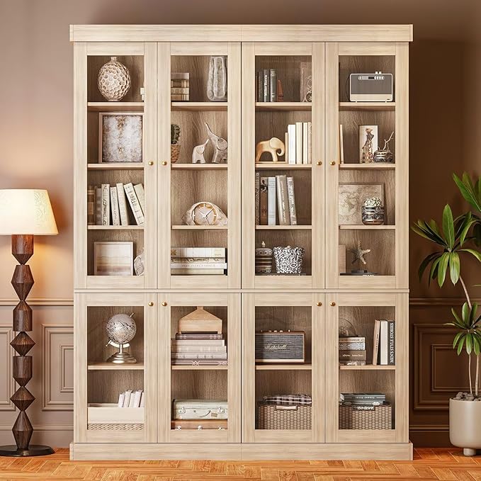 ivaniti 70.8" Tall Brown Bookshelf with Glass Doors, Farmhouse Modular Bookcase with 6-Tier Adjustable Shelves, Large Storage Cabinet for Home Office, Living Room, Set of 3