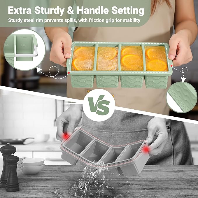Silicone Freezer Trays with Lid for Soup, 1-Cup & 2-Cup Large Ice Cube Molds Food Storage Containers for Meal Prep, Freeze 500mL/250mL/125mL Portions – 2 Pack