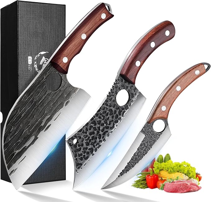 ROCOCO Butcher Cleaver Knife Set - 3PCS Serbian Chef Viking Boning Knife