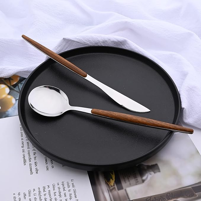 Uniturcky 16-Piece Silverware Set with Cake Fork, Silver Stainless Steel Flatware Cutlery, Eating Utensils with Wooden Effect Handle, Includes Knife, Fork, Spoon, Mirror Finish, Dishwasher Safe