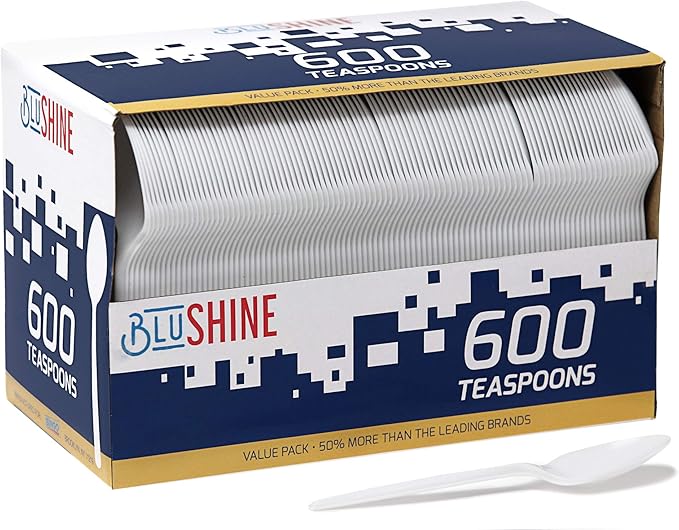 BluShine 600 Pack White Plastic Spoons, Disposable Bulk Cutlery
