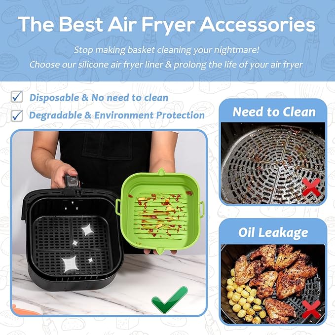[2 Pack] Silicone Air Fryer Liners Square - Reusable Airfryer Basket - Easy to Clean Air Fryers Pot for 5.8 to 8 Qt Large Air Fryer Baking Tray Oven Accessories, 8.5 Inch