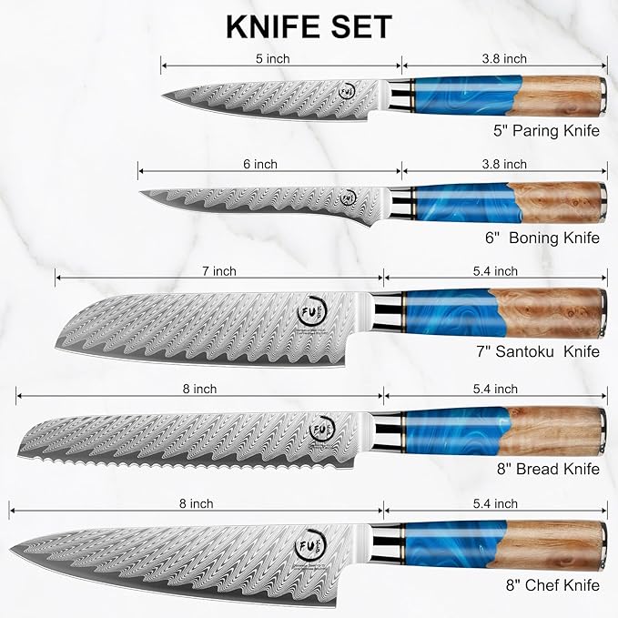 Fukep 5 Piece Damascus Knife Set, Japanese VG10 Steel Kitchen Knives