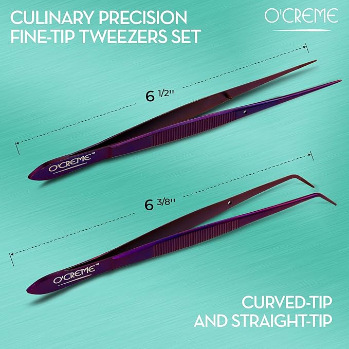 O'Creme Stainless Steel Kitchen Tweezer Tongs, Curved & Straight