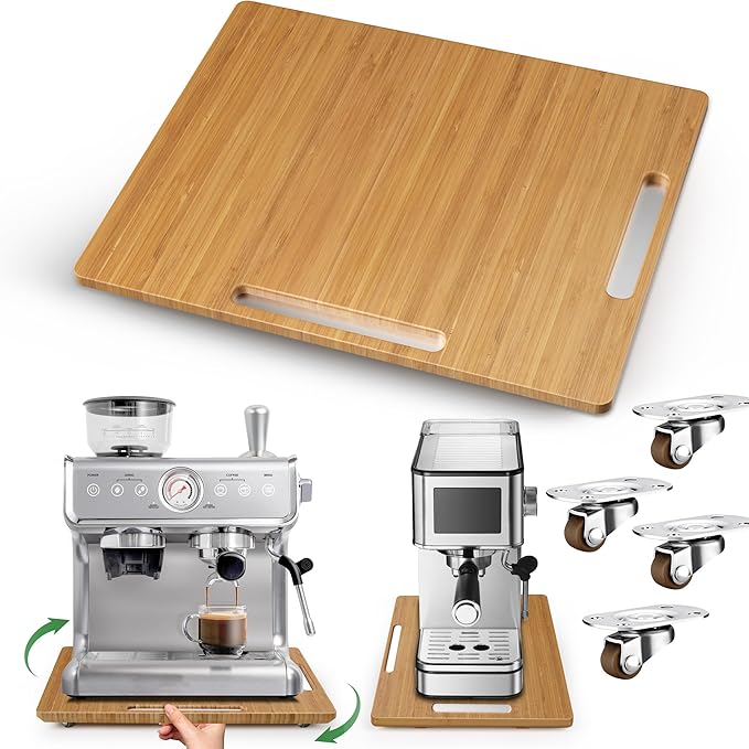 Joy&Grace Appliance Slider for Kitchen Appliances 360° Rolling Sliding Tray for Coffee Maker Countertop, Bamboo Coffee Pot Slider Rolling Tray with Universal Rollers (Natural, Large 16"x13")