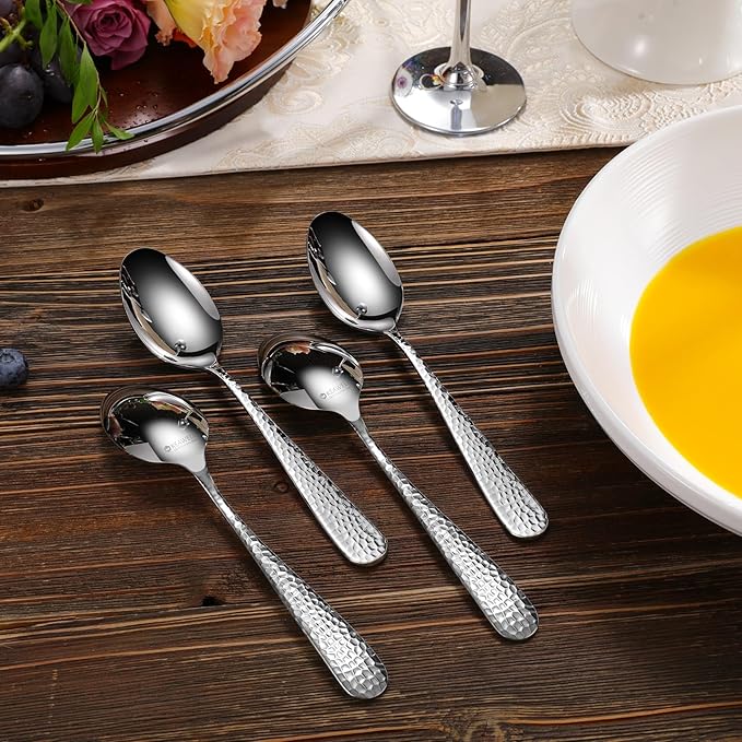 KEAWELL Premium Louise Hammered 4-Piece Spoon Set (7.6" Dinner Spoons)