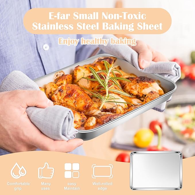 E-far Toaster Oven Tray Set of 2, 9.4”x7.3” Stainless Steel Baking Sheet
