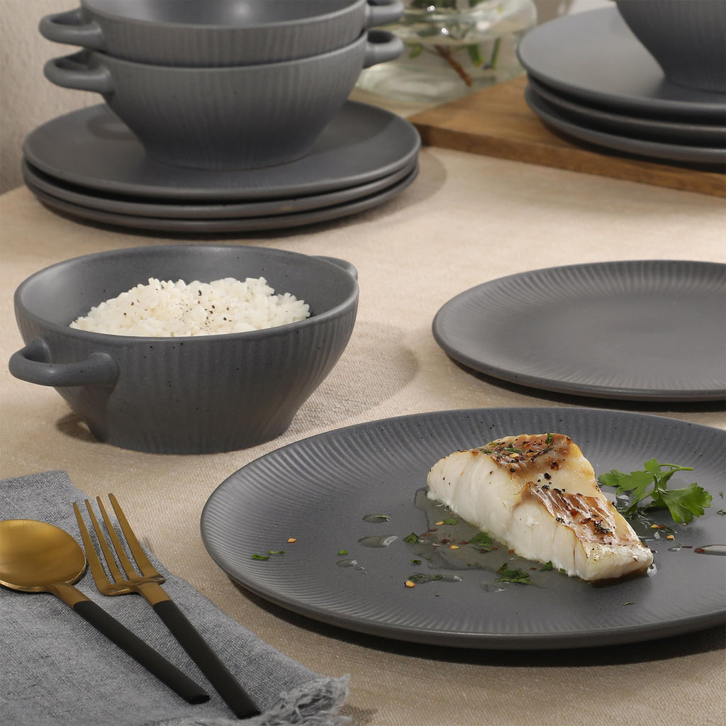 Gibson Elite Clover Hill 12-Piece Stoneware Dinnerware Set – Dark Blue Embossed Plates and Bowls with Matte Speckled Reactive Glaze, Service for 4 – Microwave & Dishwasher Safe