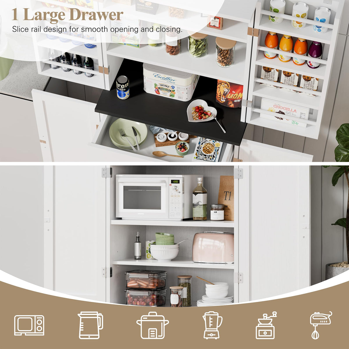 Vongrasig Kitchen Pantry Storage Cabinet with Barn Doors, Drawer and Adjustable Shelves, 6-Tier Tall Rustic Wood Cupboard Locker for Kitchen, Dining Room, Living Room, Bathroom, (White)