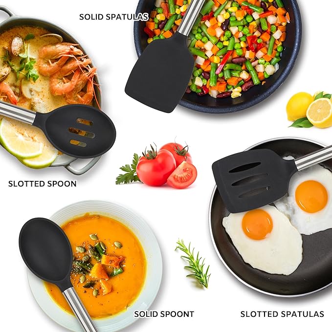 YASUEBI Silicone Cooking Kitchen Utensils Set Kitchen Utensils Set Silicone Cooking Utensils Set for Nonstick Cookware Perfect for Baking and Mixing Spatula Set BPA Free Dishwasher Safe Black 4 Pack