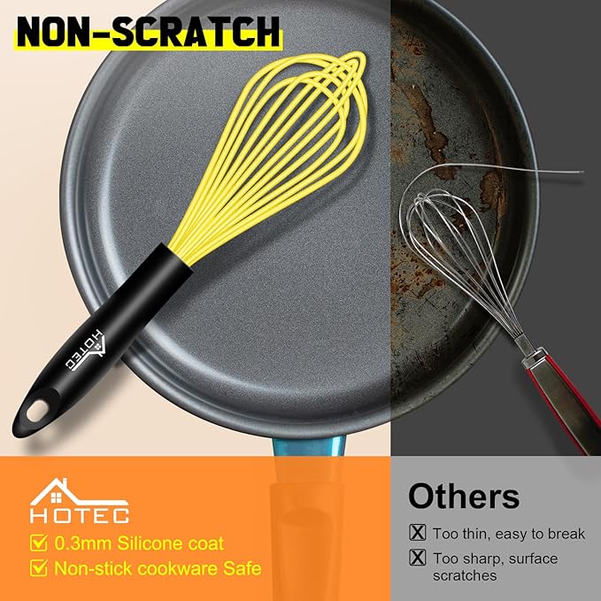 HOTEC 4 Pieces Silicone Whisks Set, Wire Balloon Whisks for cooking Egg Beater, Non-slip Handle Whisk for Non-stick Cookware Perfect for Cooking, Stirring, Beating and Blending,Multicolor