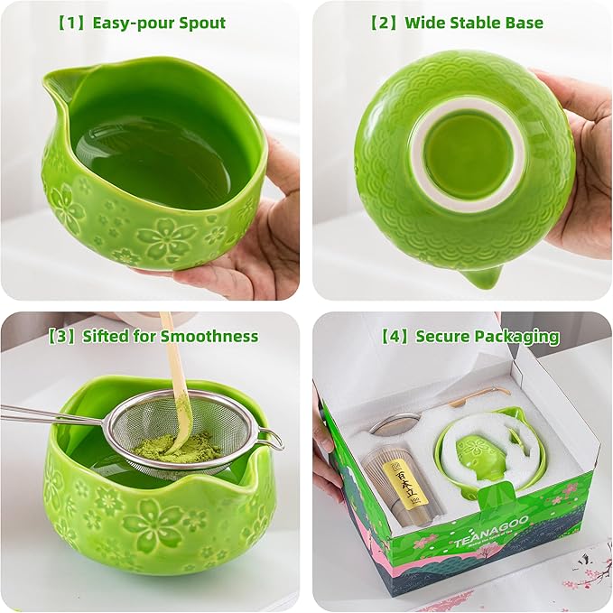 TEANAGOO 7-PCS Green Matcha Whisk Set, Complete Ceremony Start Kit, Ceramic Chawan Bowl with Spout, Whisk & Accessories, Traditional Matcha Tea Set for Lattes& Gift Giving