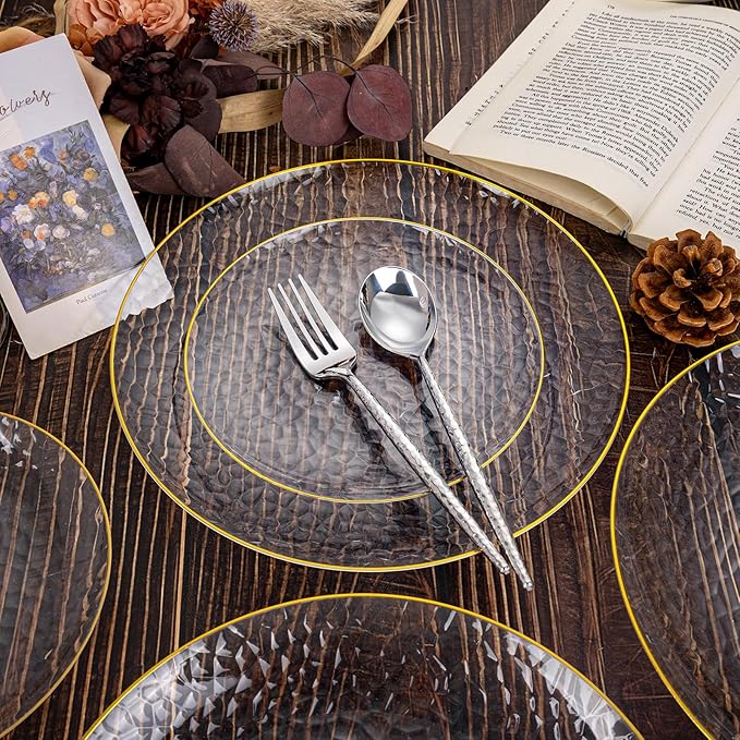 Rubtlamp 90Pcs Silver Plastic Silverware, Hammered Disposable Silverware,Silver Plastic Forks And Spoons, Fancy Plastic Cultery Include 30 Forks, 30 Knives And 30 Spoons for Party