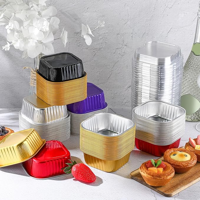 Aoriher 150 Pcs 10 oz Mini Cake Pans with Lids Aluminum Foil Baking Cup Disposable Square 4 x 4 Large Baking Tin, Muffin Pan Cheesecake Kitchen Brownie Pudding Desserts Holder(Multicolor)