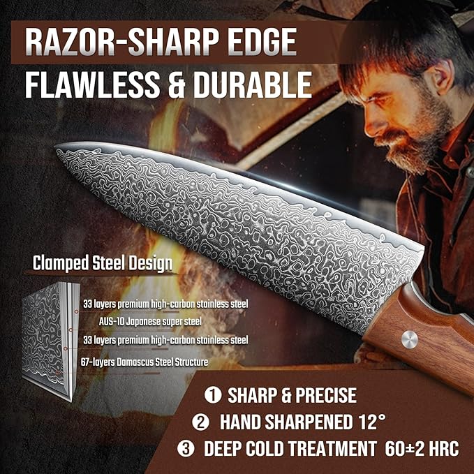 DRAGON RIOT 7 Inch Damascus Chef Knife, VG10 Steel, Kitchen Knife | VG10 Steel Core, Full Tang, For Slicing, Chopping and Everyday Food Prep