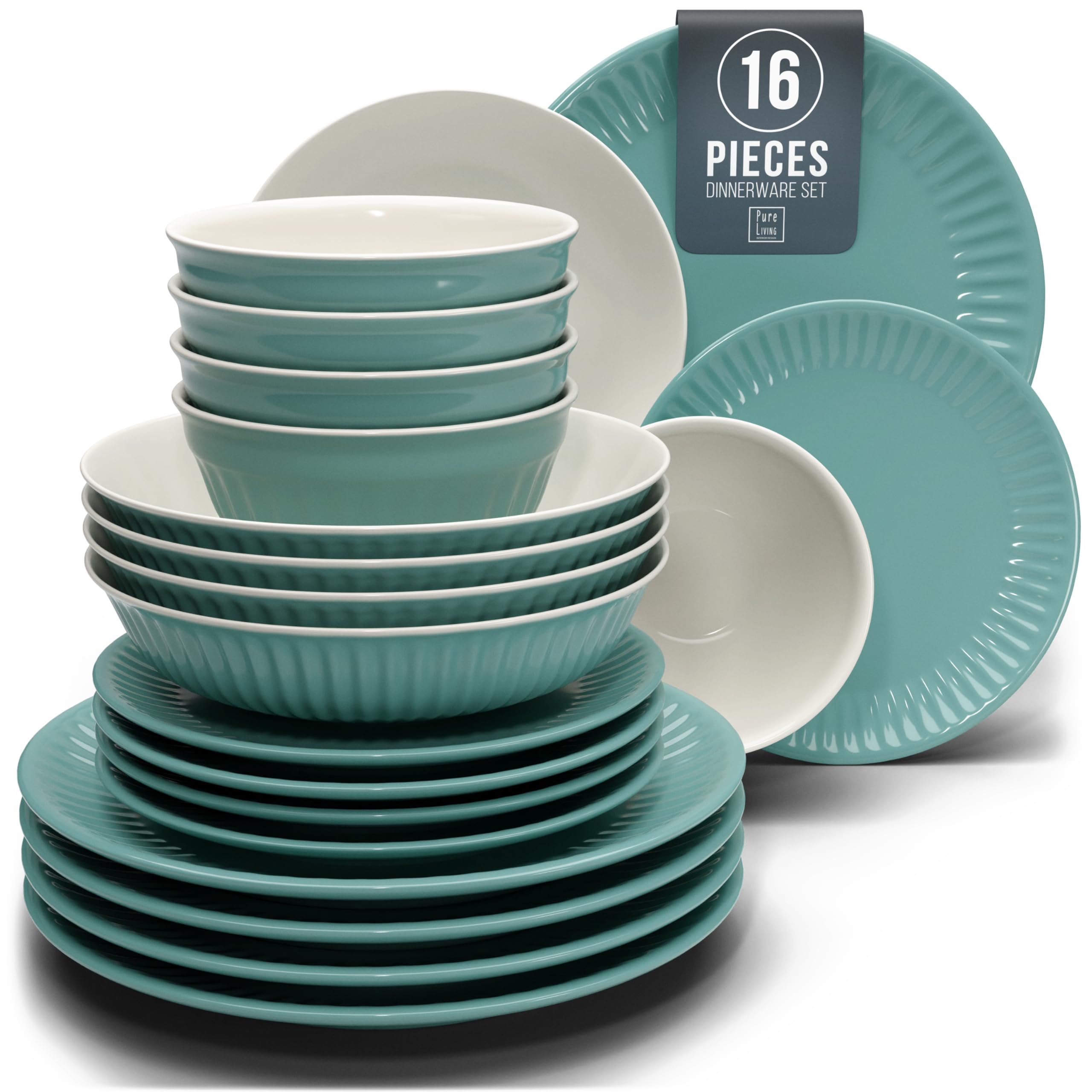 Stoneware Dinnerware Set for 4 People HYGGE 16-Piece - Elegant Scandi Design - Premium Dish Set - Bowl and Plate Set - Tableware for 4 People in a Ribbed Design - Pure Living in Green