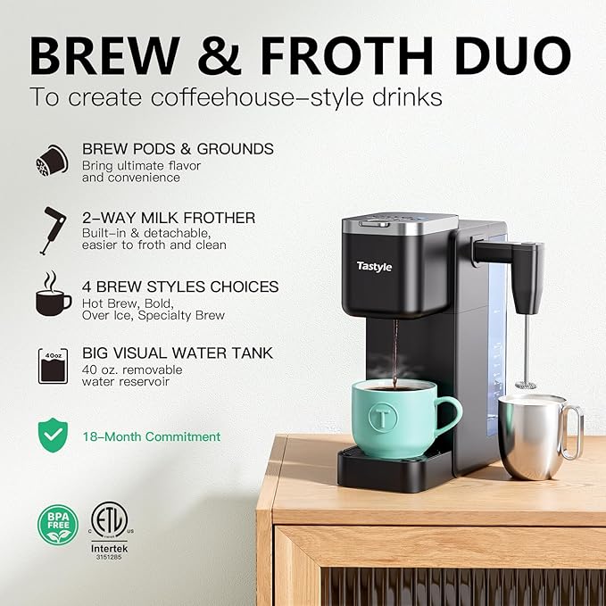 Tastyle Single Serve Coffee Maker with Built-in Detachable Milk Frother