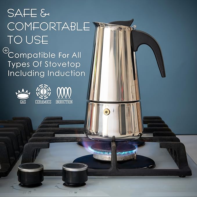 Mixpresso 9 Cup Greca Moka Pot, Stainless Steel Stovetop Espresso Maker