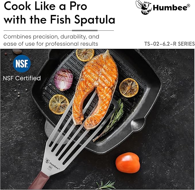 HUMBEE 6 Inches Fish Turner, Slotted Fish Spatula Dishwasher Safe NSF (Left Hand), Shovel Brown