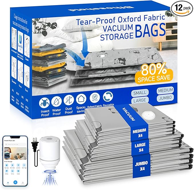 Bfhosehold 12 Pack Oxford Ripstop Vacuum Storage Bags with Pump