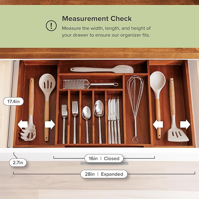 KitchenEdge Silverware & Utensil Drawer Organizer, 16-28 in, Acacia