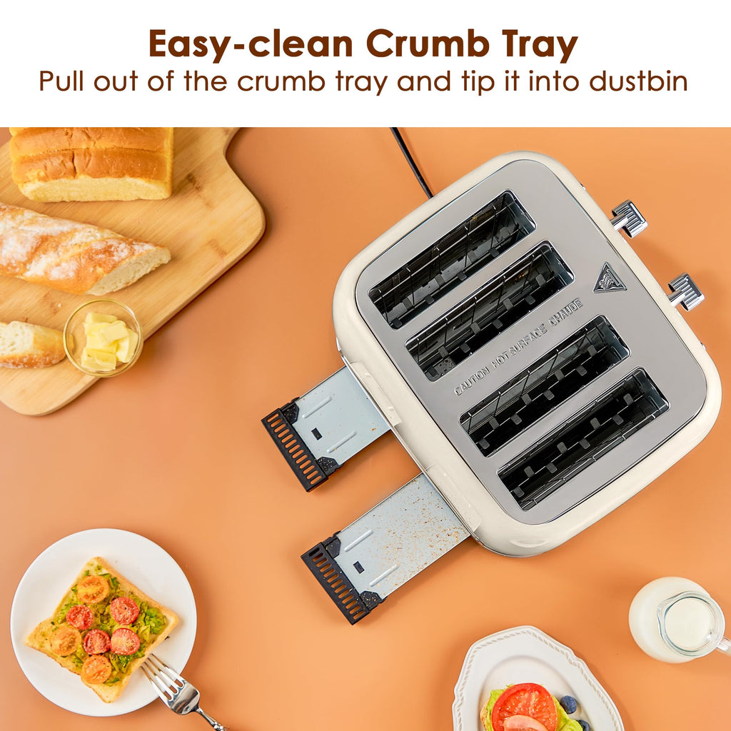 Roter Mond Toaster 4 Slice Retro Stainless Steel with Extra Wide Slots Bagel, Defrost, Reheat Function, Dual Independent Control Panel, Removable Crumb Tray, 6 Browning Levels, Cream White