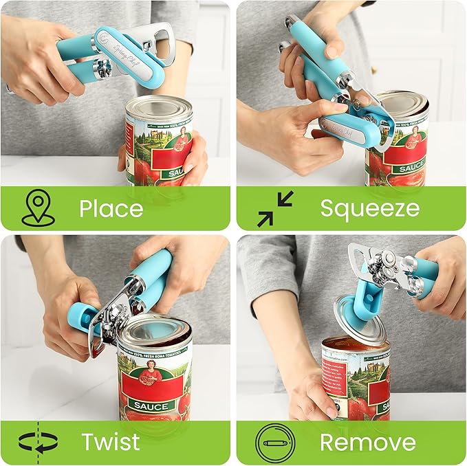 Spring Chef Stainless Steel Manual Can Opener w/Soft Grip Handle, Aqua Sky