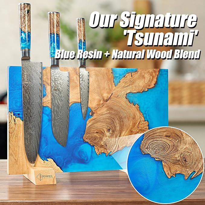 SENKEN "Tsunami" Extra Large Magnetic Knife Block - Holds Up to 16 Knives - Knife Block without Knives, Universal Knife Holder, Beautiful Blue Resin Burl Wood Blend ("Tsunami" Blue Resin Blend)